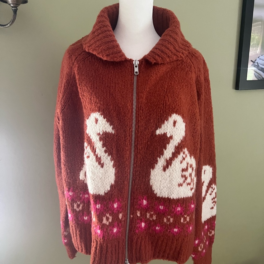 Anthropologie - Rust Brown Zip-Up Sweater with Swan Design